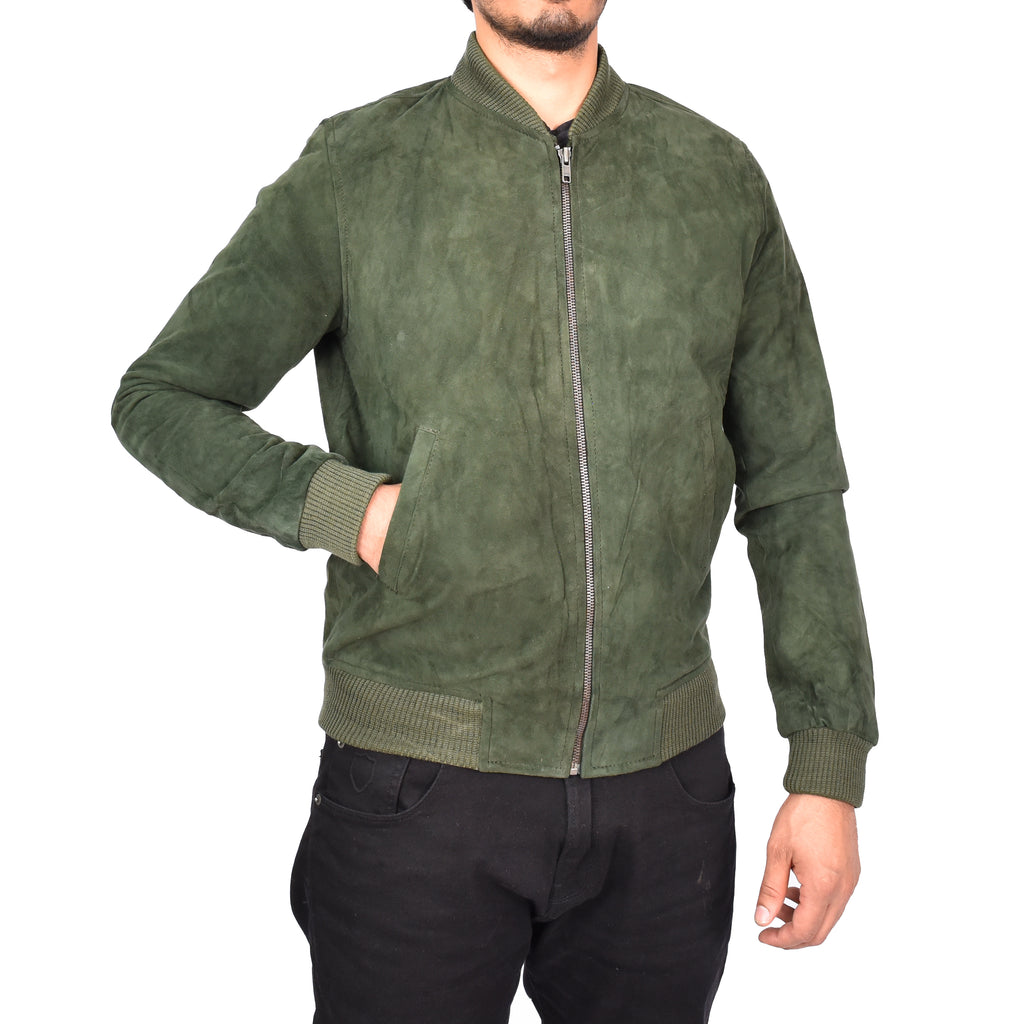 Men's Genuine Suede Leather Bomber Varsity Style Jacket Green Raul-5