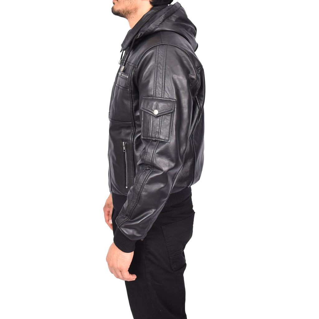 Men’s Leather Detachable Hooded Bomber Jacket Black Jurgen-5