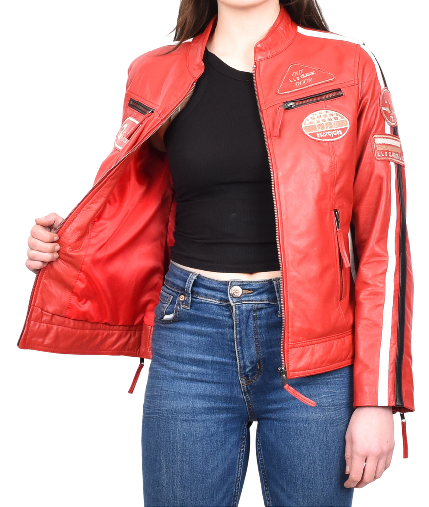 DR674 Women's Soft Real Leather Racing Biker Jacket Red 11