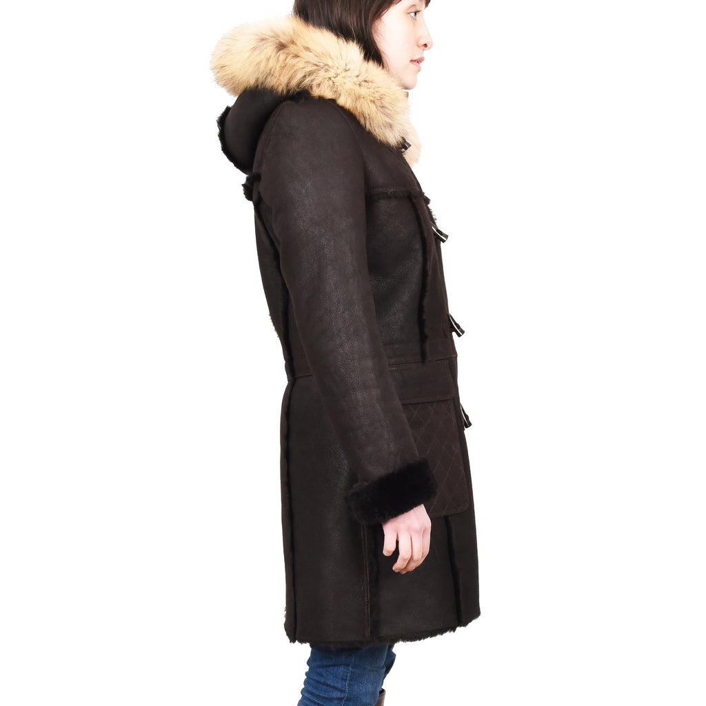 Women's Real Shearling Sheepskin Italian Classic Coat Brown Birna 6