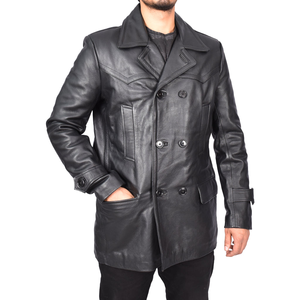 Men’s Trench Pure Leather Fitted Reefer Military Overcoat Black Denbey-5