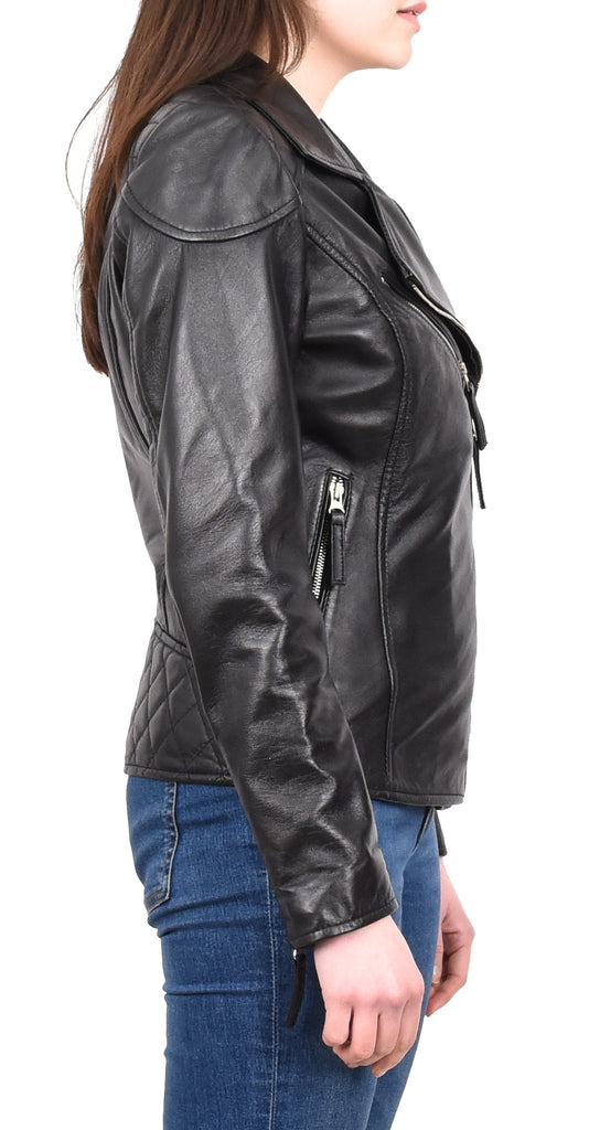 DR570 Women's Cross Zip Pocketed Real Leather Biker Jacket Black 5