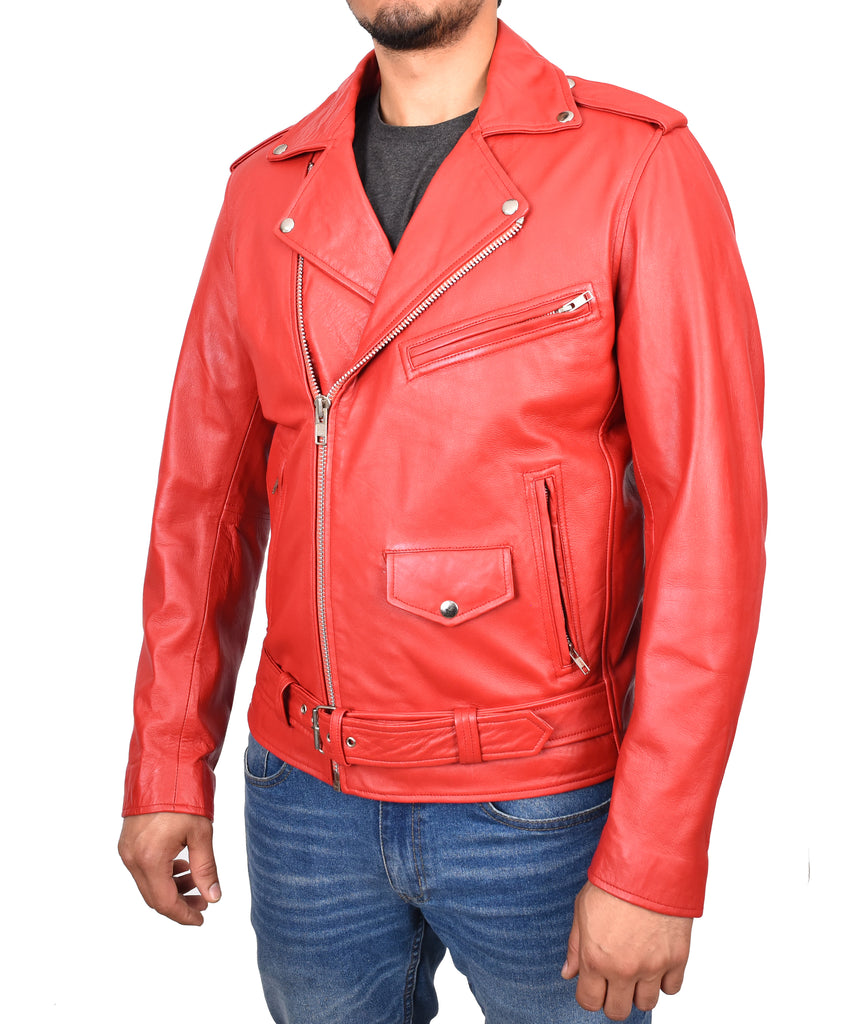 DR100 Men's Biker Real Leather Jacket Red 5