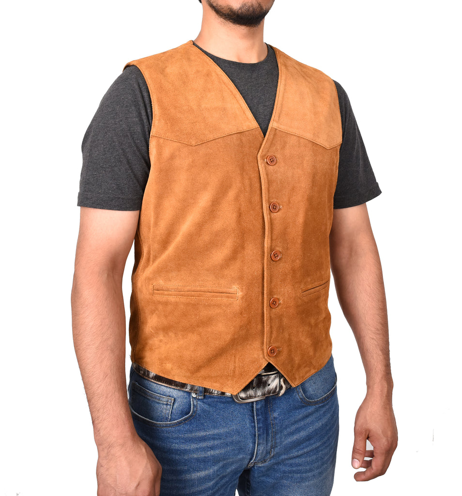 DR121 Men's Leather Suede Cowboy Waistcoat Tan 5