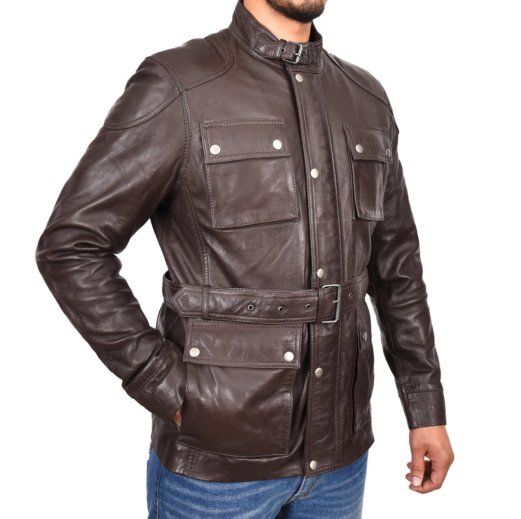 DR190 Men’s Leather Trendy Safari Jacket With Waist Belt Brown 5
