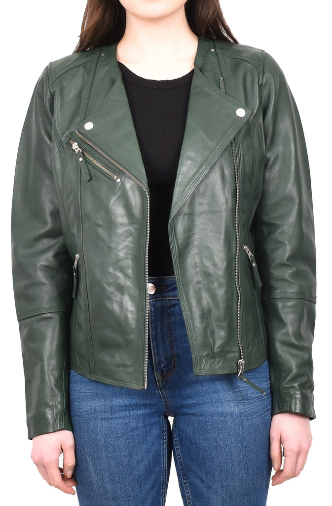 DR572 Women's Casual Cross Zip Leather Jacket Green 5