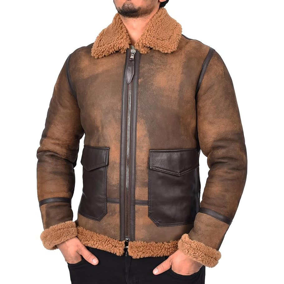 Mens Antique B3 Sheepskin Jacket Flying Aviator Leather Pockets Jeppe Brown-5