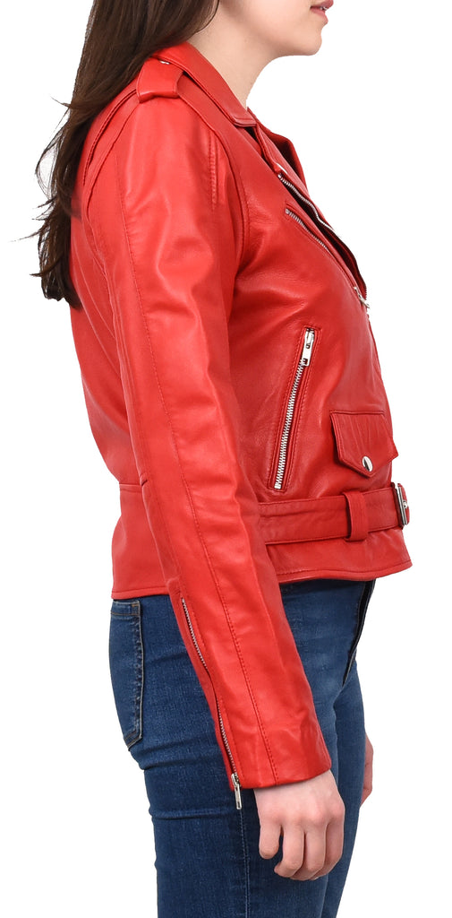 DR199 Women's Hard Ride Biker Style Leather Jacket Red 5