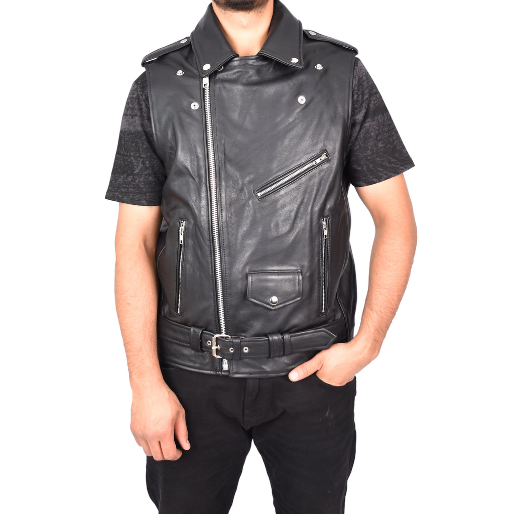 Men's Biker Style Real Leather Waistcoat Black Arkin-5