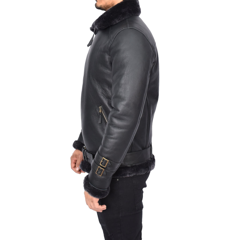 Men's Classic Aviator Real Sheepskin Jacket Flying Squad Black Pelle-6