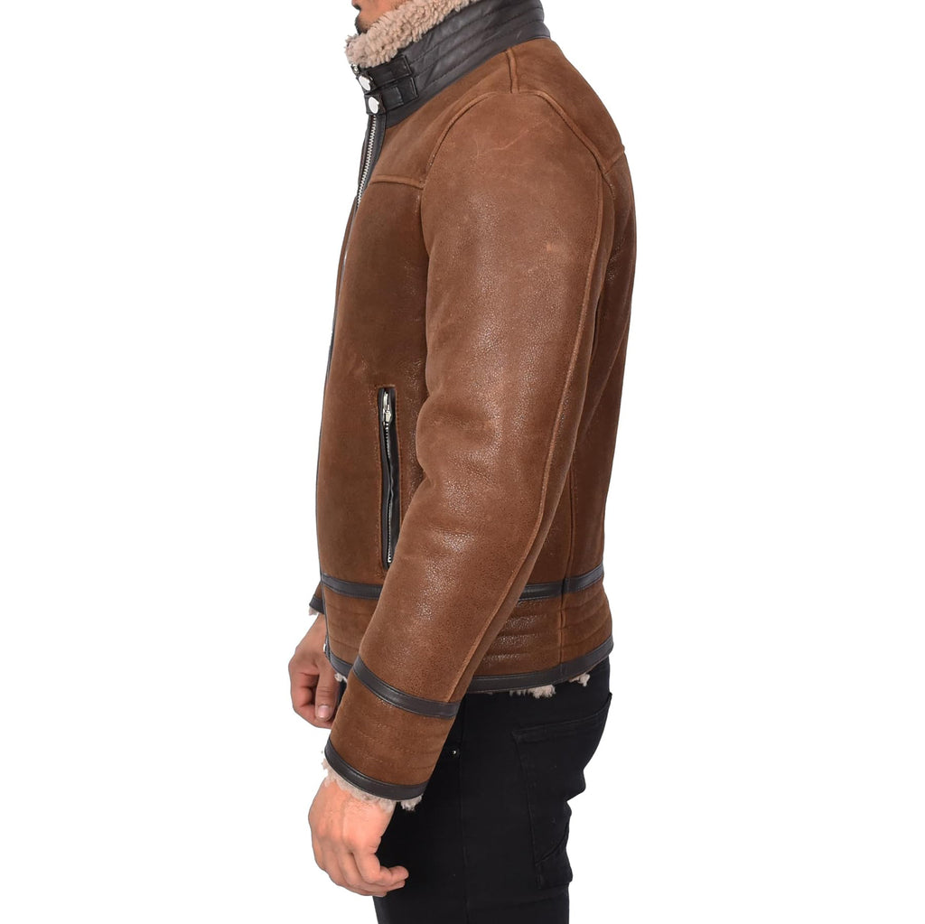 Men’s Retro Pilot Sheepskin Leather Biker Jacket  Flying Aviator Style Casper Brown-5