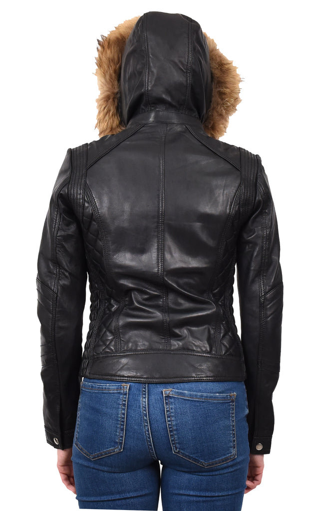 DR261 Women's Detachable Hoodie Biker Leather Jacket Black 5