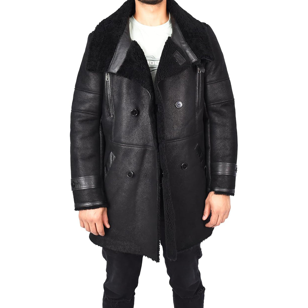 Mens WW1 WW2 ¾ Length Real Shearling Sheepskin Coat Winter Warm Franz Black-5