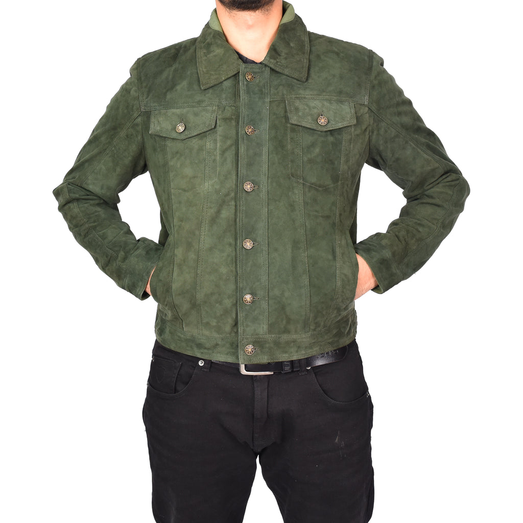 Men's Genuine Suede Buttoned Leather Jacket Trucker Style Green Rorik-5