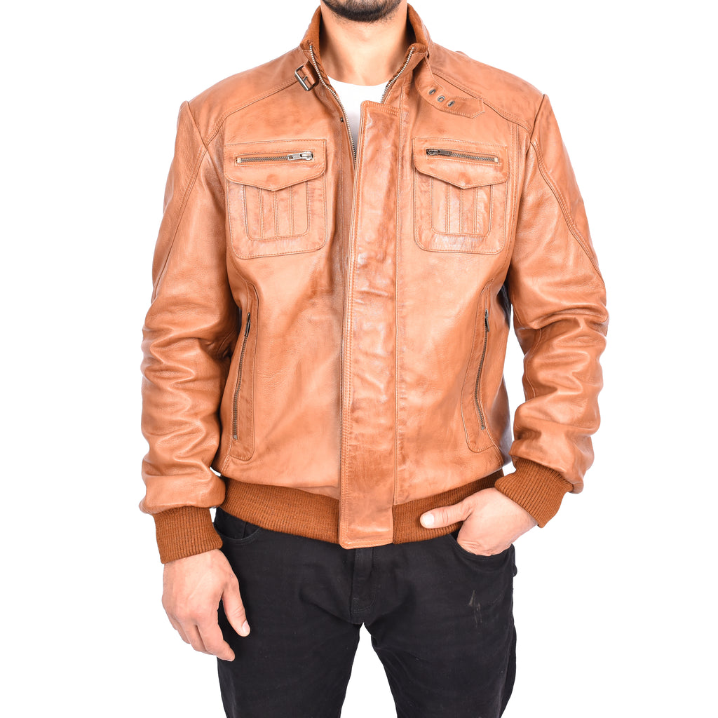 Men's Bomber Style Real Leather Jacket Tan Boden-5