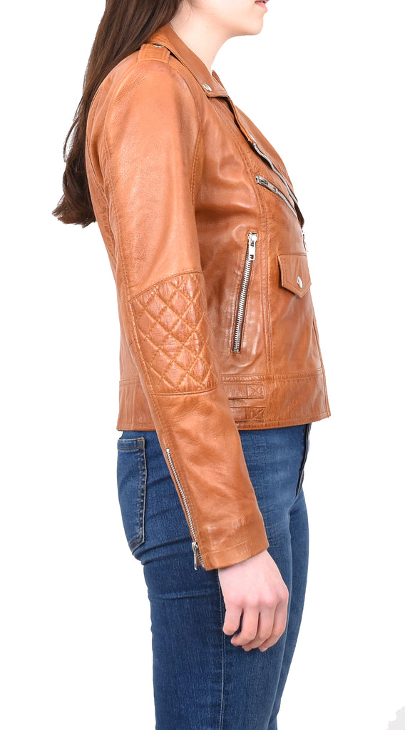 DR207 Women's Real Leather Biker Cross Zip Jacket Tan 5