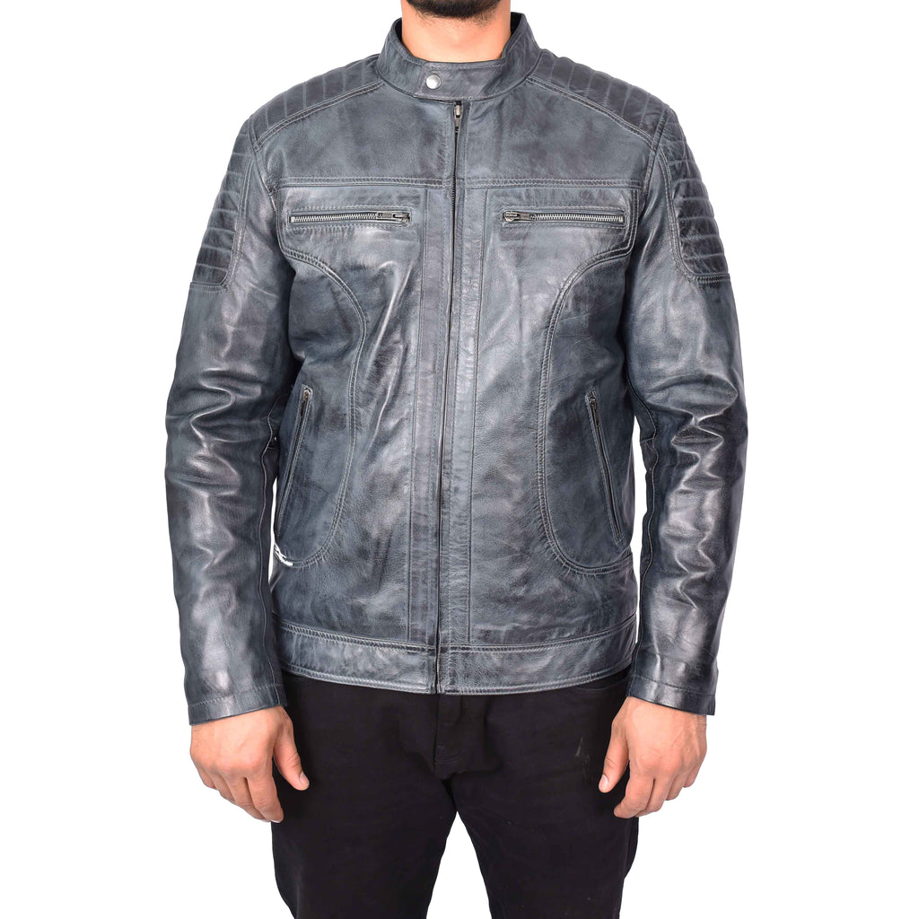 Men's Genuine Leather Biker Style Zip Jacket Grey Anton-5