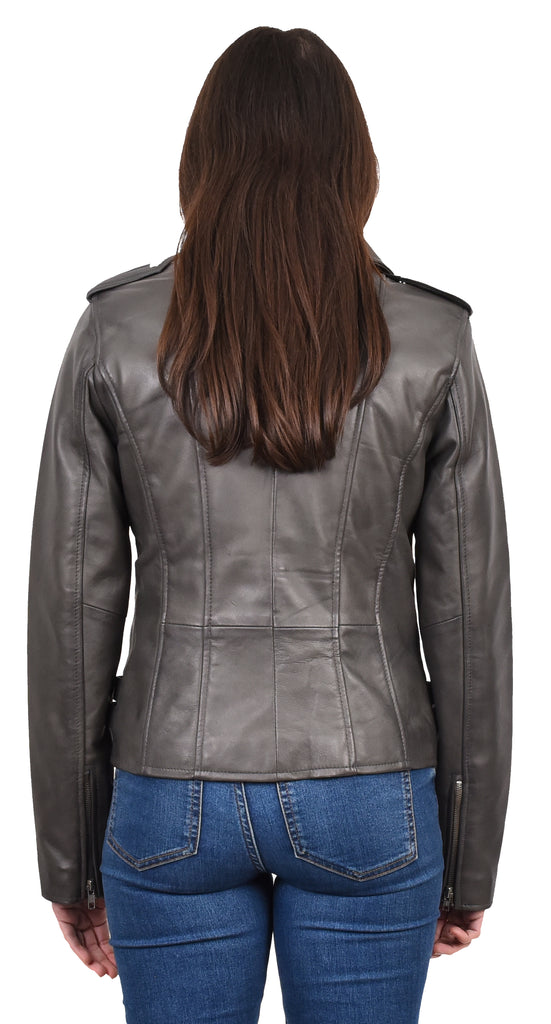 DR195 Women’s Trendy Biker Leather Jacket Grey 4