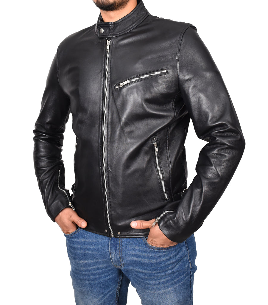 DR141 Men's Biker Sheep Leather Jacket Black 5