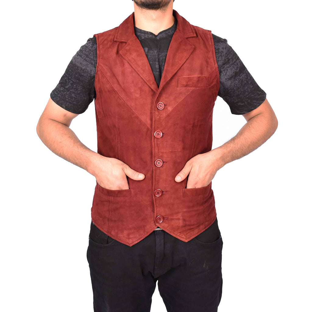 Men's Blazer Style Suede Leather Waistcoat Gents Vests Burgundy Howie-5