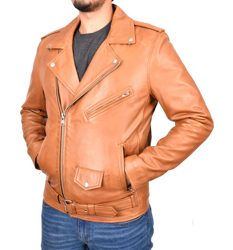 DR100 Men's Biker Real Leather Jacket Tan 5