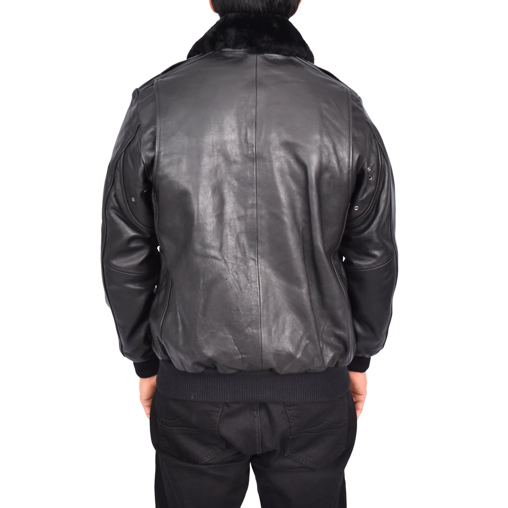 Men's Real Leather Bomber Pilot Jacket Removable Collar Black Edzard-5