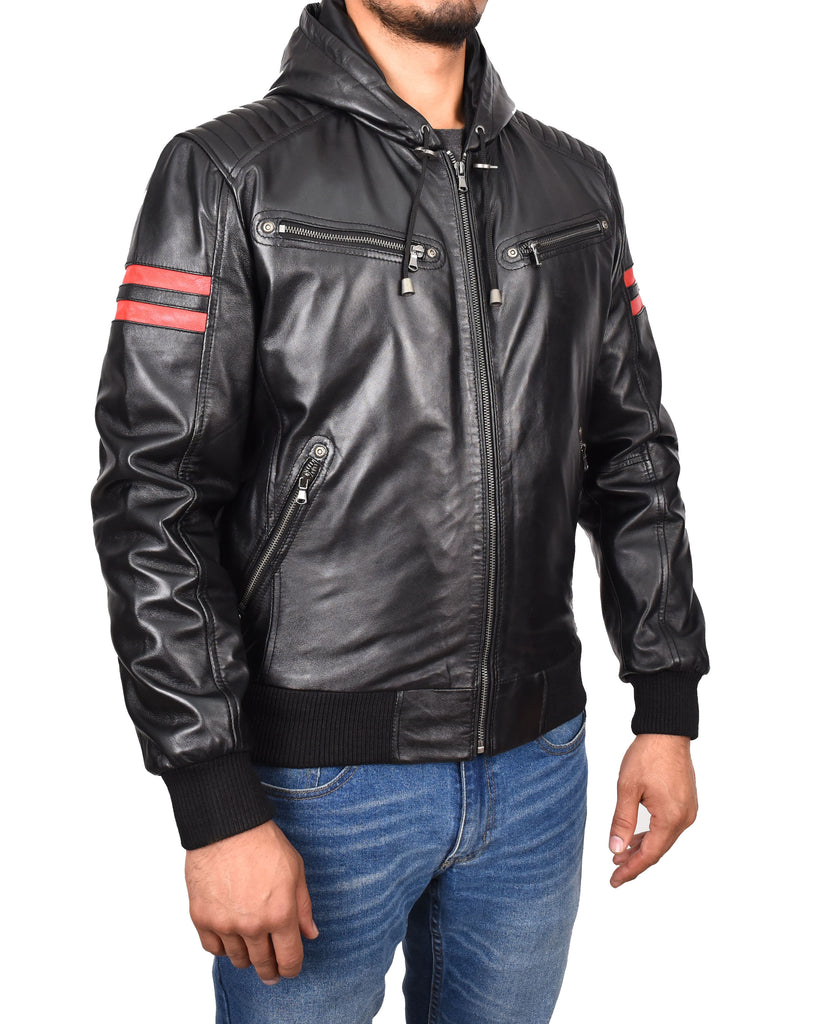 DR562 Men's Leather Hooded Bomber Jacket Black 5