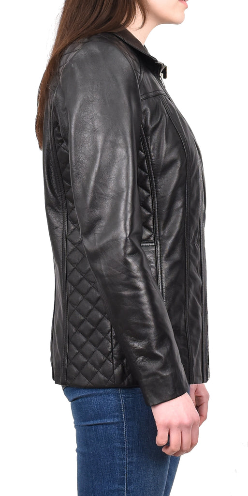 DR564 Women's Genuine Leather Jacket Zip Quilted Black 5