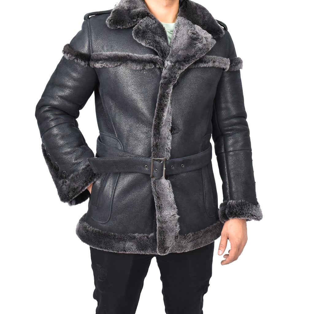 Mens Merino Sheepskin Suede Jacket with Shoulder Epaulettes Gandalf Black-1