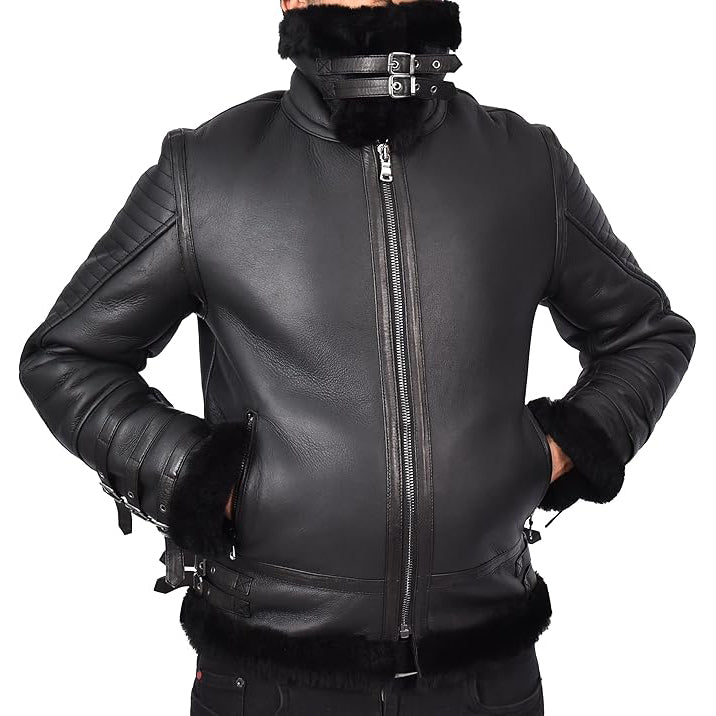 Mens Genuine Sheepskin Jacket Retro Biker Style Flying Aviator  Lothar Black-5