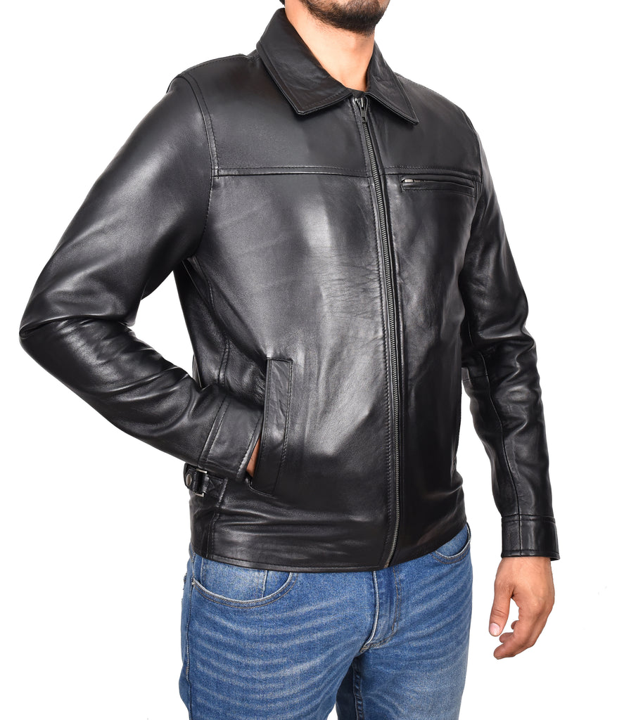 DR162 Men's Classic Zip Box Leather Jacket Black 5