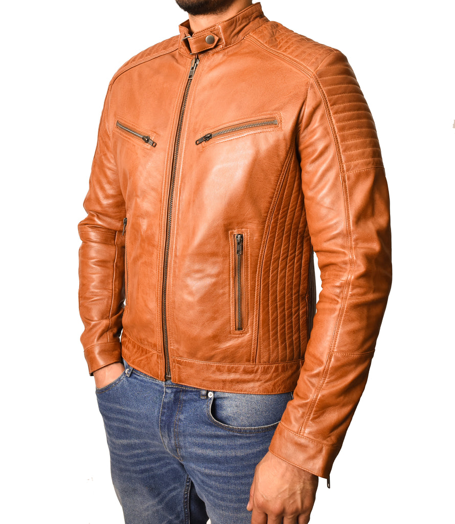 DR101 Men's Leather Cafe Racer Biker Jacket Tan 5