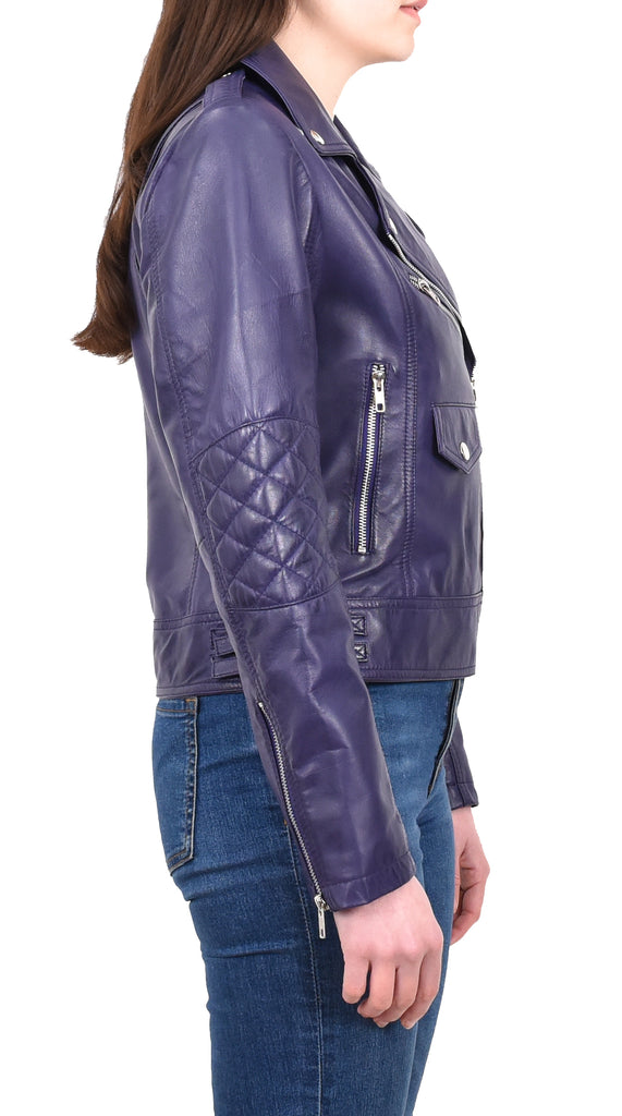 DR207 Women's Real Leather Biker Cross Zip Jacket Purple 5