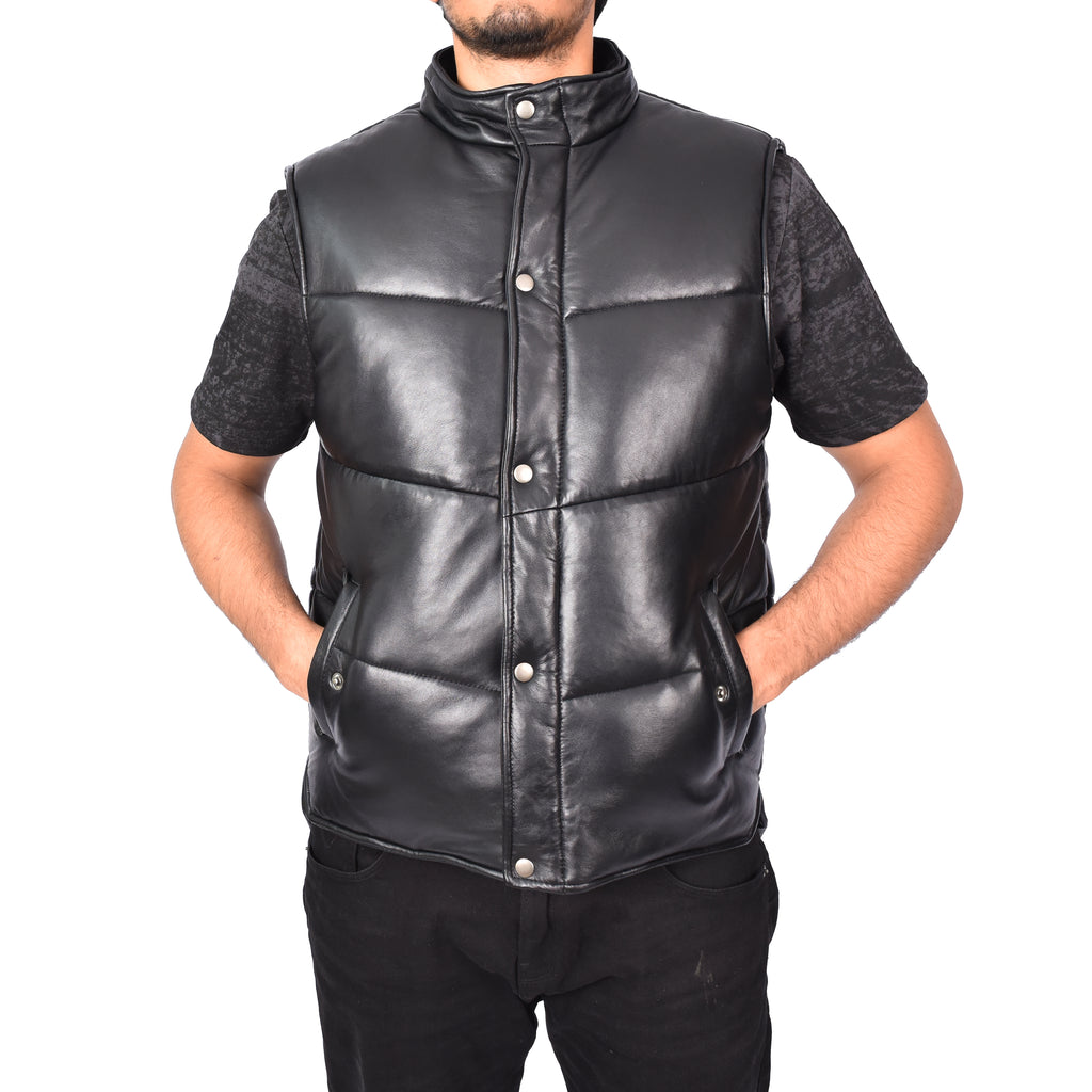 Men's Real Leather Puffer Waistcoat Body Warmer Black Haakon-4