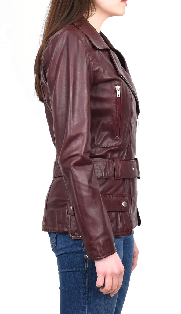 DR205 Women’s Slim Fit Cut Hip Length Biker Leather Jacket Burgundy 5