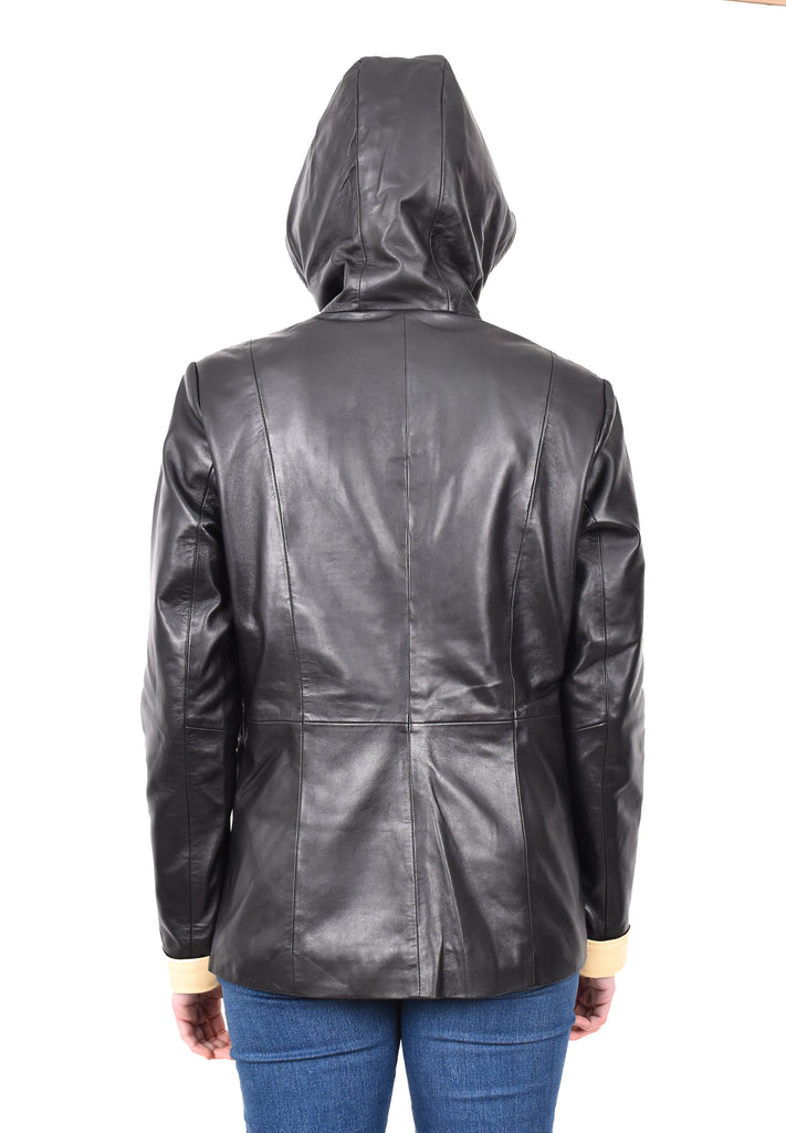 DR226 Women's Winter Warm Leather Jacket with Hood Black 5