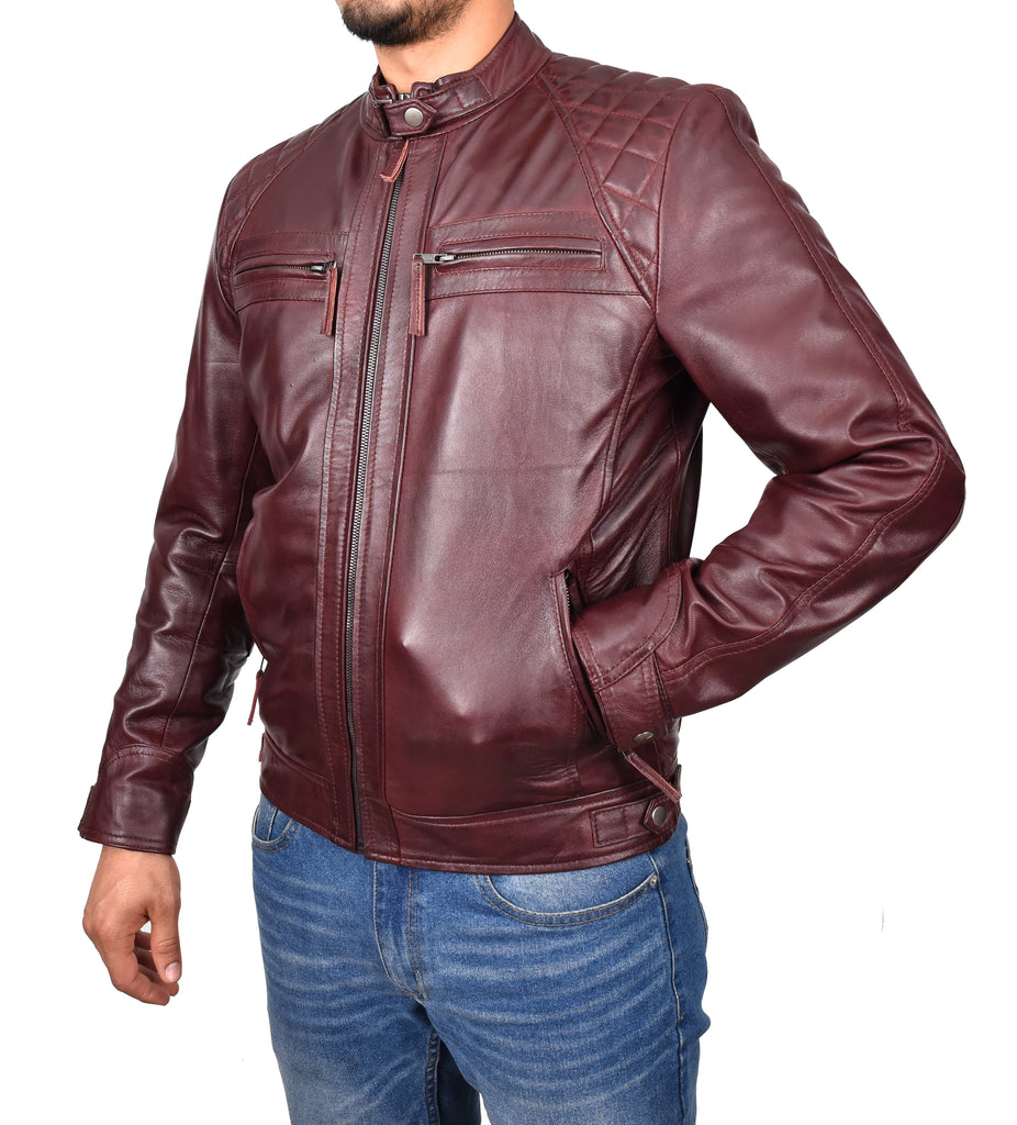 DR117 Men's Biker Leather Jacket Burgundy 5