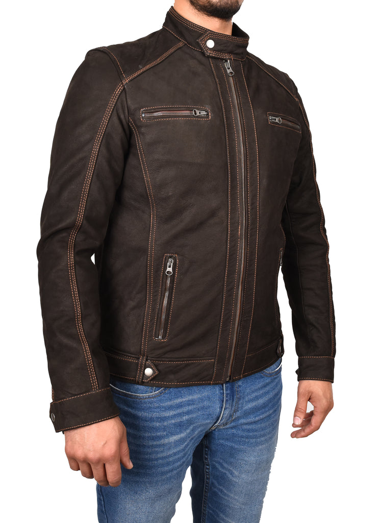 DR193 Men’s Real Waxed Leather Biker Jacket Brown 5