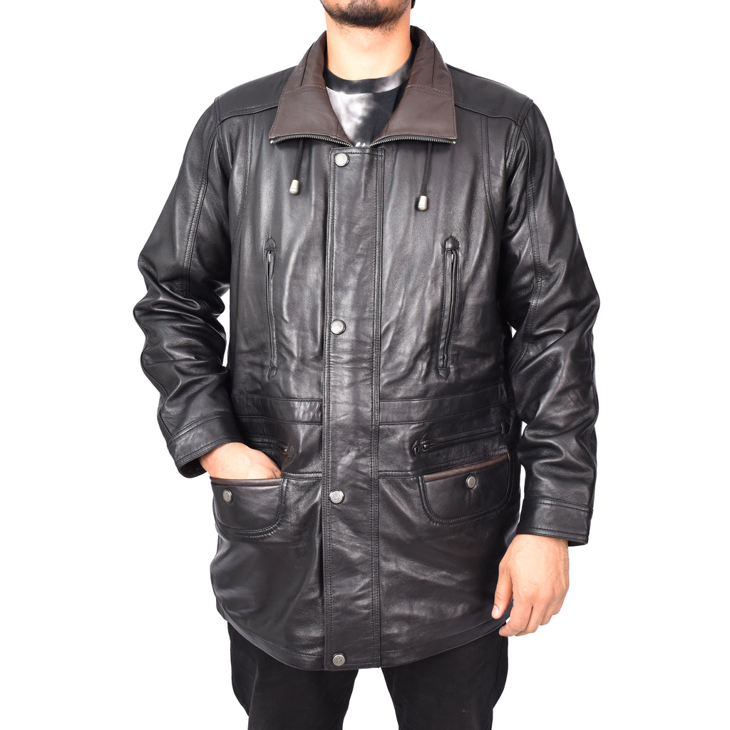 Gent's Classic Real Leather Coat Mens Parka Style Jacket Black Carlsen-5