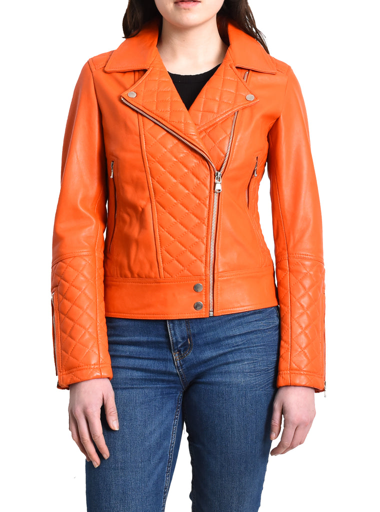 DR238 Women's Leather Biker Jacket with Quilt Detail Orange 7