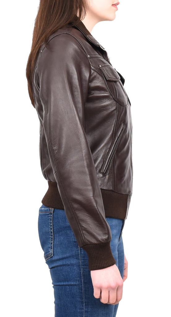 DR514 Womens Leather Classic Bomber Jacket Brown 5