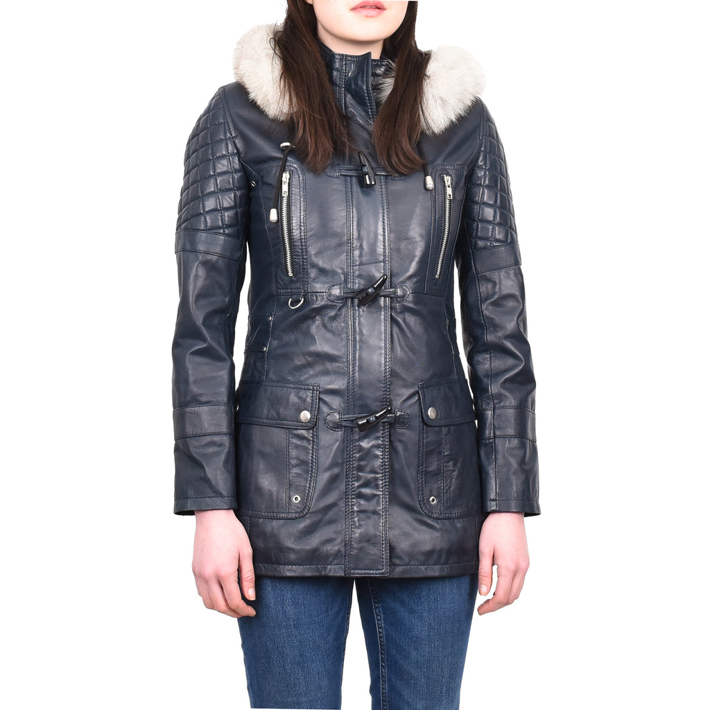 Women's Original Detachable Hoodie Duffel Leather Coat Navy Velvetine-1