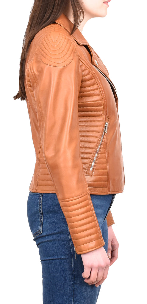 DR206 Women's Soft Leather Cross Zip Biker Jacket Tan 5