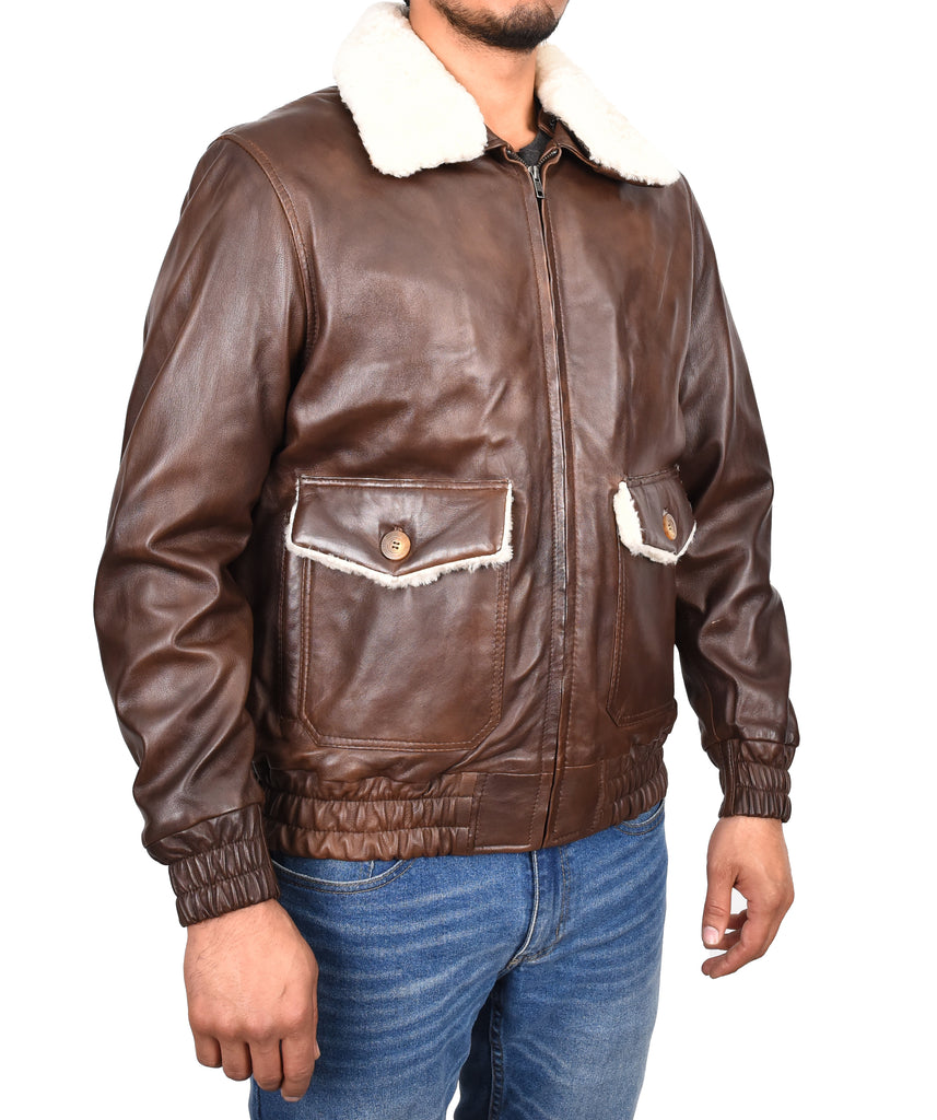 DR183 Men's Leather Bomber Jacket Aviator Style Brown 5