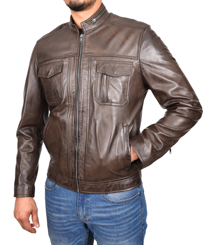 DR149 Men's Vintage Style Leather Biker Jacket Brown 5