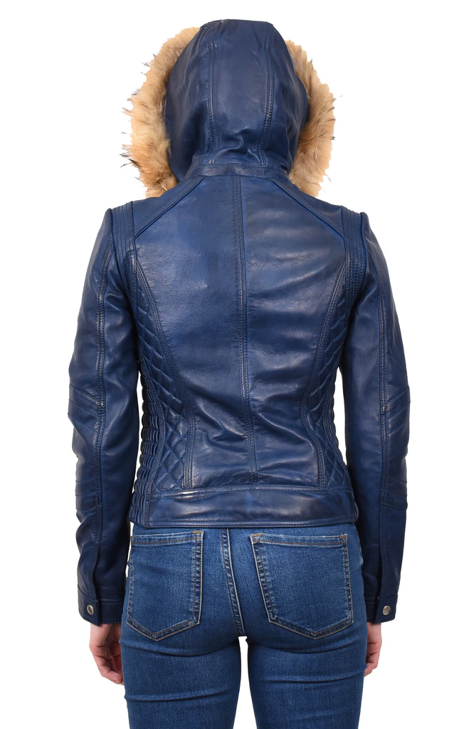 DR261 Women's Detachable Hoodie Biker Leather Jacket Blue 5