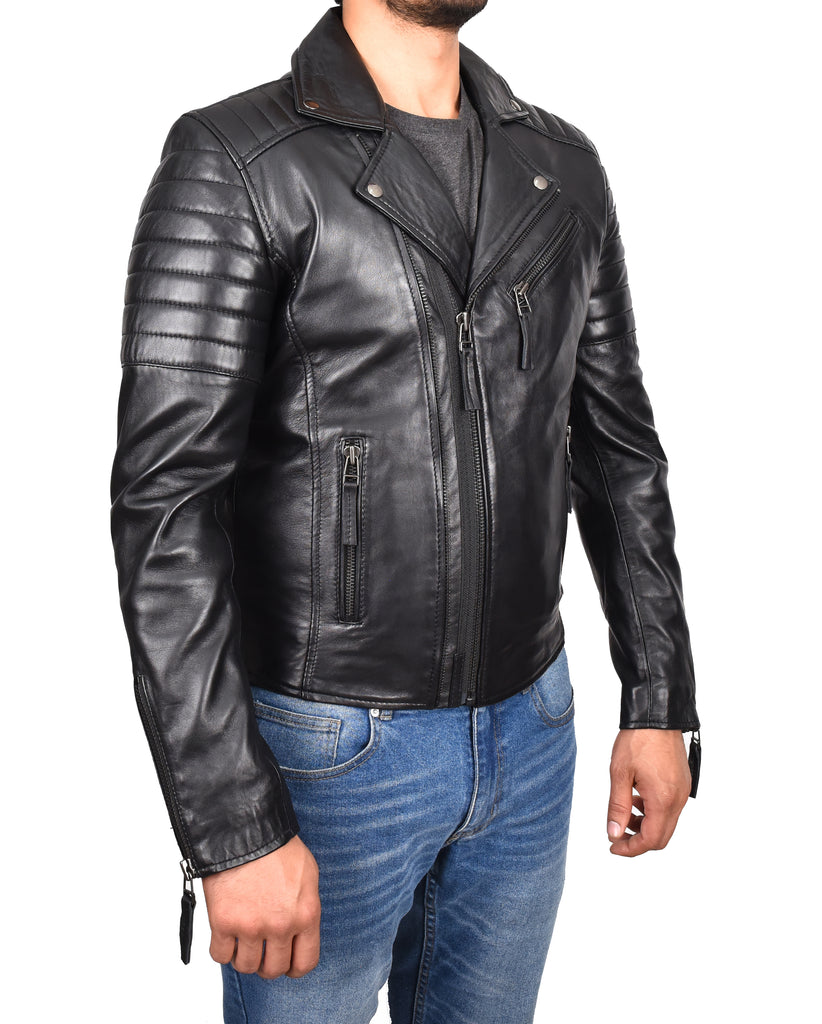 DR145 Men's Quilted Biker Leather Jacket Black 5