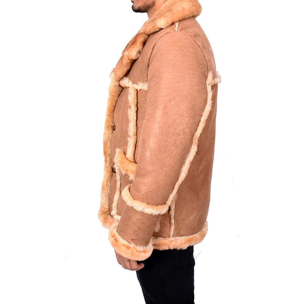 Men’s Luxurious Warm Winter Genuine Shearling Sheepskin Fur Coat Tyrell Tan-5