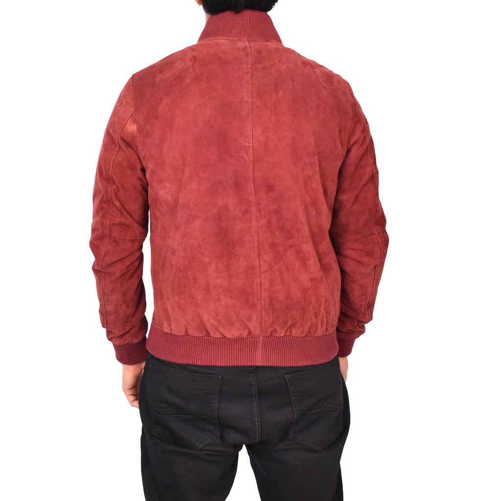 Men's Genuine Suede Leather Bomber Varsity Style Jacket Burgundy Raul-5