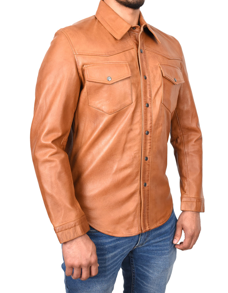 DR548 Men's Classic Leather Trucker Style Shirt Tan 5